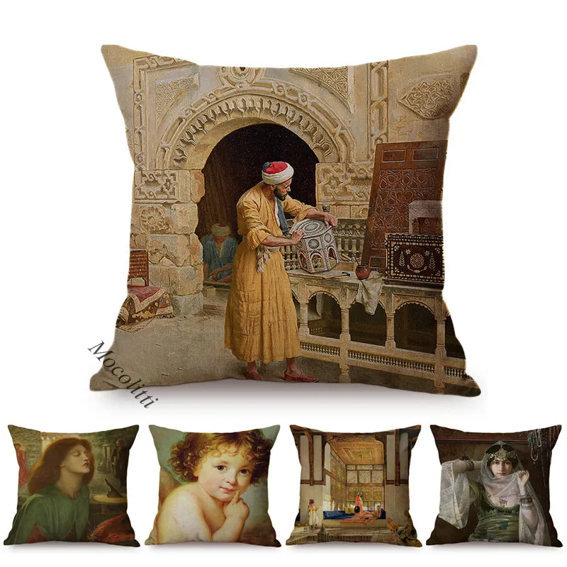 

World Famous Oil Painting Pattern Sofa Throw Pillow Case Cute Angel Virgin Mary Portrait Art Square Cushion Cover Chair Cojines