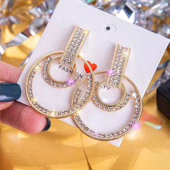 

High Quality Rhinestone Big Round Drop Earrings for Women CZ Crystal Dangle Earring Gold Color Brincos Wedding Party Jewelry