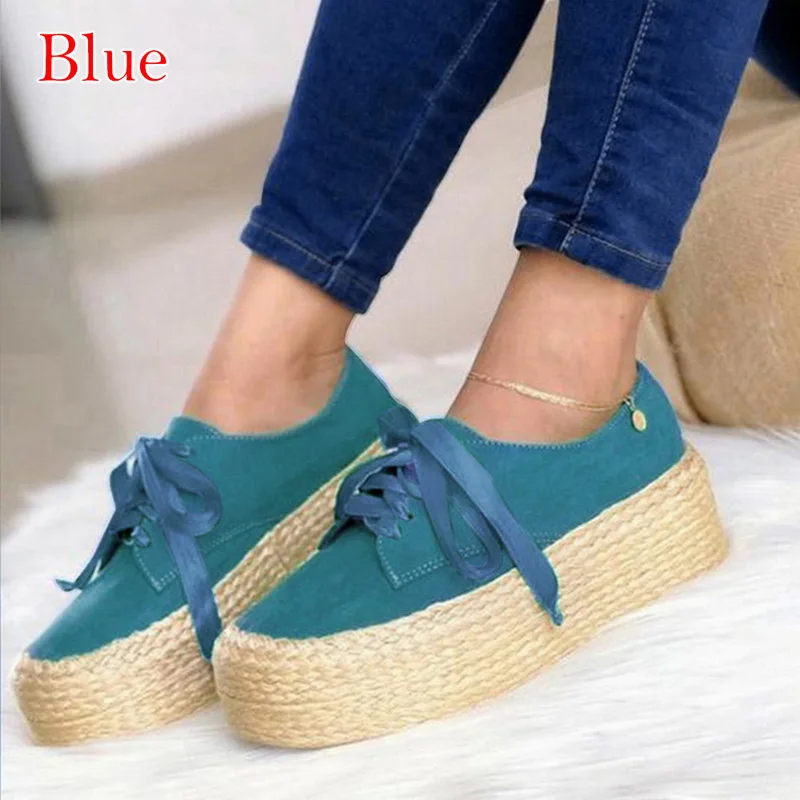 Blue 1 WENYUJH; женские парусиновые лоферы; обувь на толстой плоской подошве; женские эспадрильи; женская повседневная обувь на плоской подошве со шнуровкой и круглым носком - Цвет: Blue 1