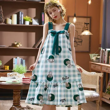 

Ladies Summer Sling Night Gown Sweet Fashion Cartoon Printed Cotton Comfortable Ladies Simple Bowknot Ruffle Home Nightdress