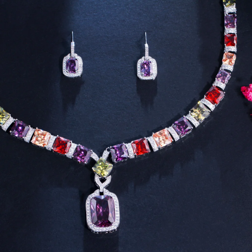 CWWZircons Multi Color Purple Cubic Zirconia Big Square Drop Luxury Wedding Bridal Necklace Earrings Costume Jewelry Set T569 bridal jewelry sets