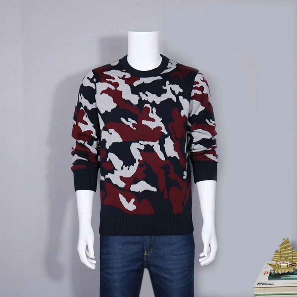 Pull homme мужской Камуфляжный принт с длинным рукавом Круглый вырез вязаный свитер пуловер Топ