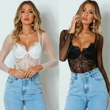 

2020 Fashion Trend Women Deep V Neck Mesh Lace Long Sleeve Bodysuit Stretch Leotard Jumpsuit Hot Summer New Clubwear Playsuit