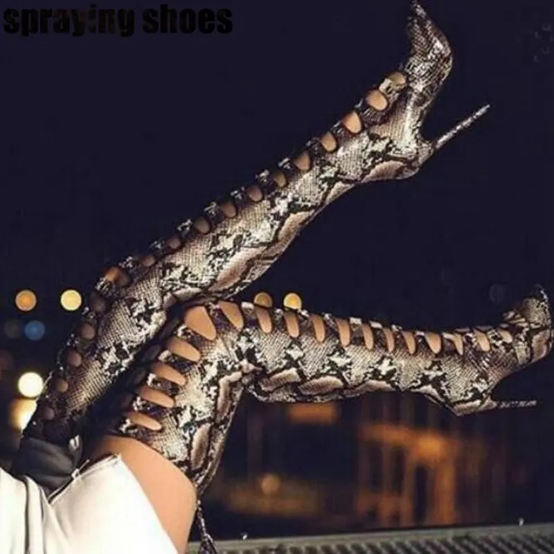 

Snake Print Thigh High Boots Women Over The Knee Gladiator Sandals Boots Cut Out Rome Shoes Sexy Lady Summer Snadals High Boots