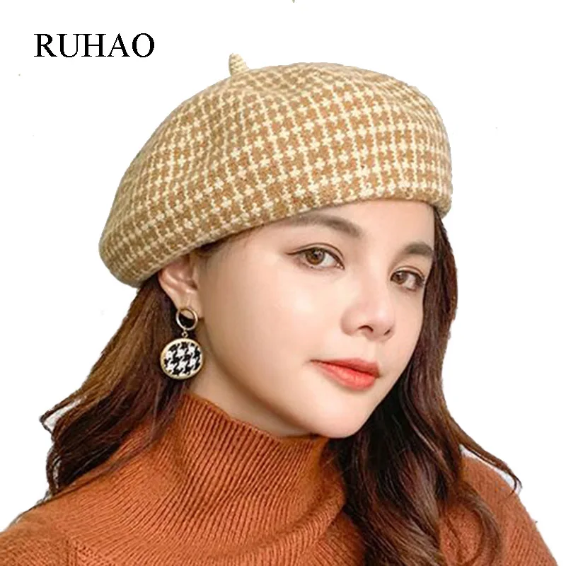 RUHAO женские весенние зимние береты шапки жаккардовое с принтом удобные шерстяные береты бини для женщин повседневные шапки