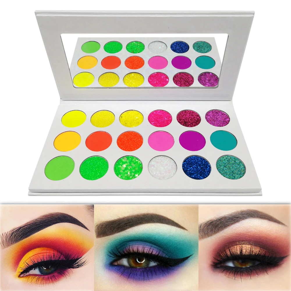 Goede Neon Kleurrijke Oogschaduw Palet Glitter Matte Uv Glow Lichtgevende Gepigmenteerde Heldere Regenboog Oogschaduw Palette Make Up Kit