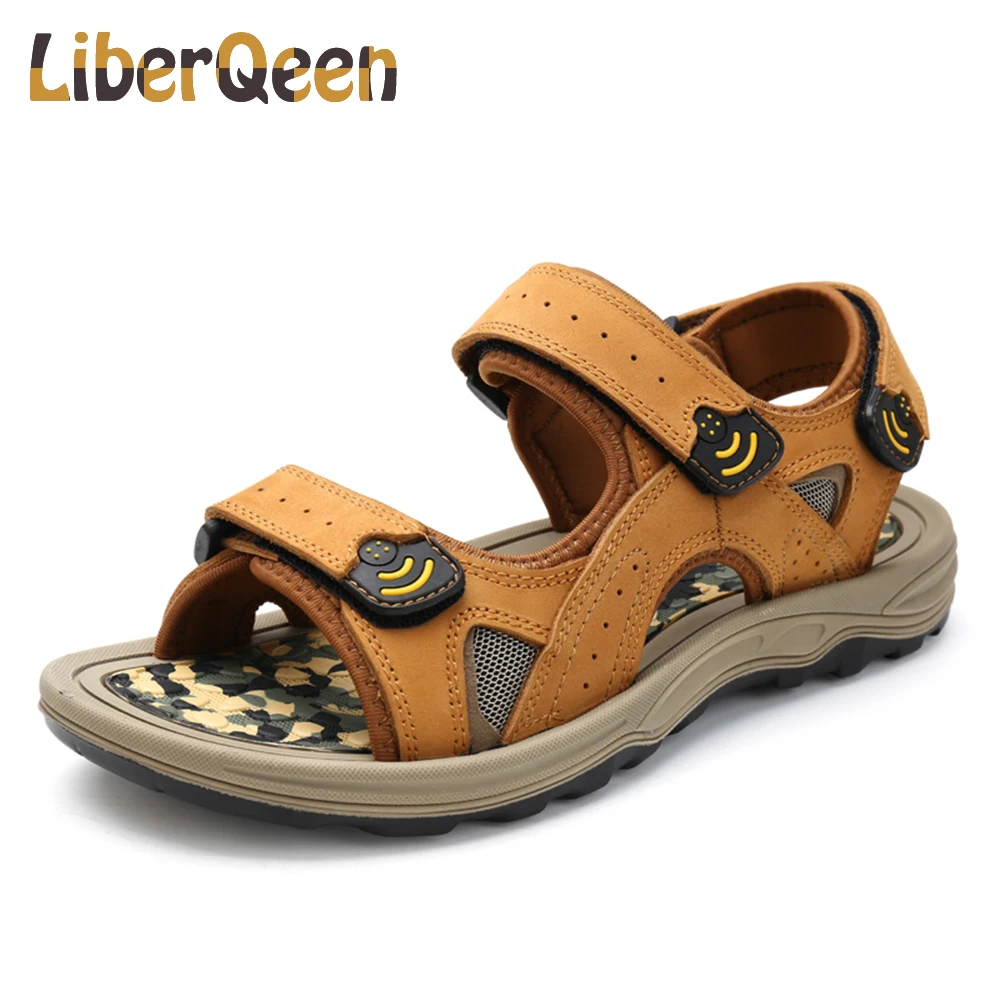 LIBERQEEN/Лидер продаж; модные летние пляжные сандалии; Мужская обувь; сандалии высокого качества на полой подошве; удобные сандалии из натуральной кожи; светильник - Цвет: Yellow