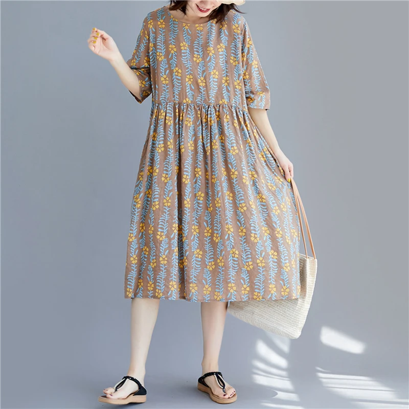 ANSELF женское винтажное платье в этническом стиле с цветочным геометрическим принтом Плюс Размер Свободное платье хлопковое льняное платье женская одежда миди платье