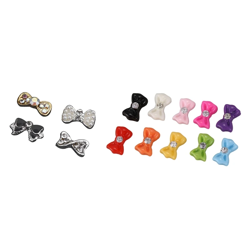 Affordable Chance for  40Pcs Diy Metal Nail Art Tip Decoration Mix Color and Pattern Bowknot & 100Pcs 3D Mix Resin Rhinest