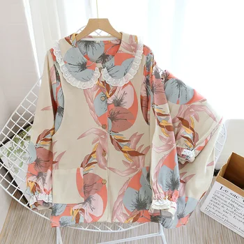 

Spring Knitted Cotton Breastfeeding Clothes Turn-down Collar Flower Printing Pajamas Long Sleeve Maternity Set Clothes Soft 2pc