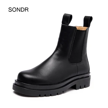 

botas mujer Shoes Women Chelsea Boots Real Leather 2020 Autumn Fashion Brand Lady footware Cross-tied Female Ankle Boots Silp On