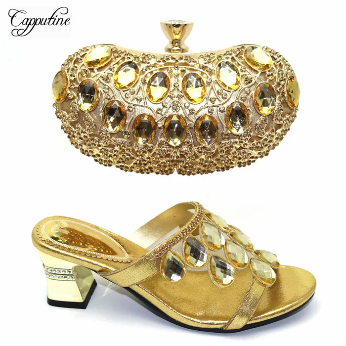 

Beautiful gold with shinning stones high heel sandal shoes and evening handbag sets 0763, heel height 6.5cm