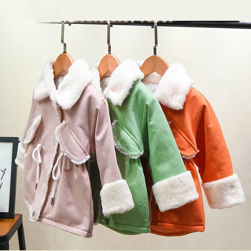 От 1 до 6 лет флисовые куртки для девочек; осенне-зимняя одежда; бархатная утепленная парка; однотонная одежда для детей; теплый Тренч для девочек; верхняя одежда