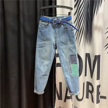 Женские осенние свободные джинсы с буквенным принтом кота, тонкие модные хлопковые Женские джинсы-шаровары на молнии с высокой талией размера плюс