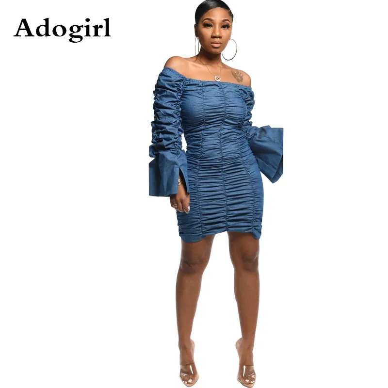 

Sexy Slash Neck Off Shoulder Pleated Flare Sleeve Short Denim Dress Blue Autumn Bodycon Club Party Dress Vestidos Plus Size XXL