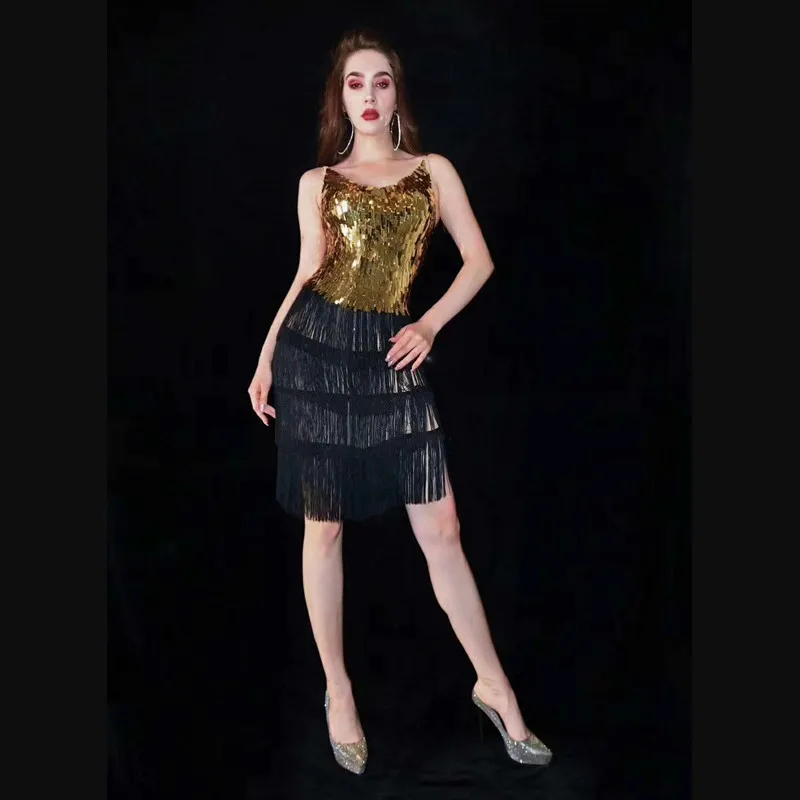 Сексуальное вечернее платье с золотыми блестками и кисточками для ночного клуба