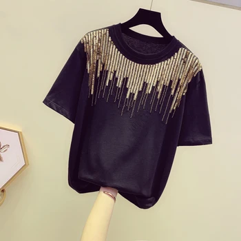 

2020 New Spring and Summer Women's T-shirt Short Sleeve Gold Sequins Tassel Shirt Students Short Sleeve Loose Top Tees Tops