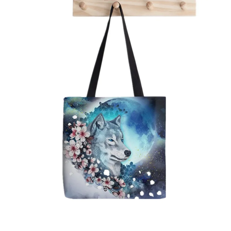 Shopper wolf and sakura in moonlight Printed Tote Bag women Harajuku shopper handbag girl Shoulder shopping bag Lady Canvas Bag
