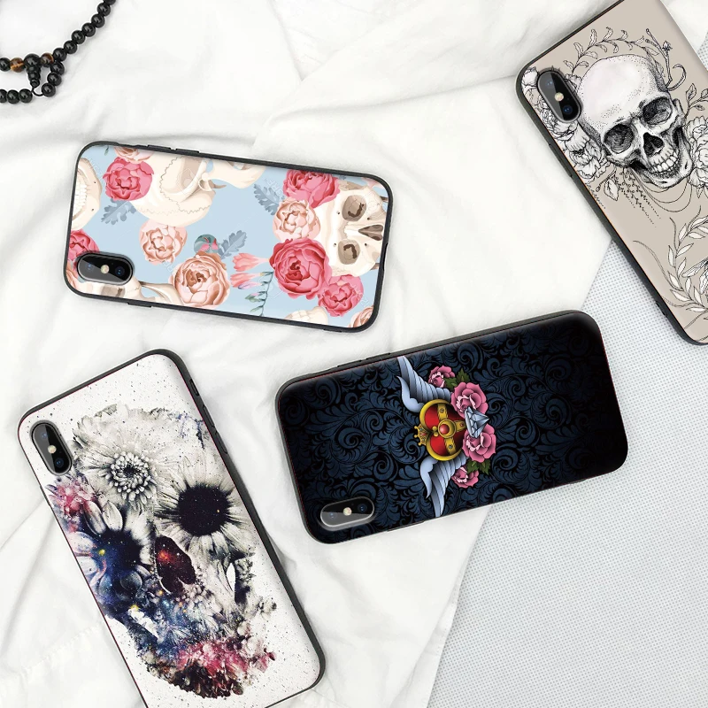 Чехол для мобильного телефона с изображением черепа цветка татуировки iPhone X XS MAX XR