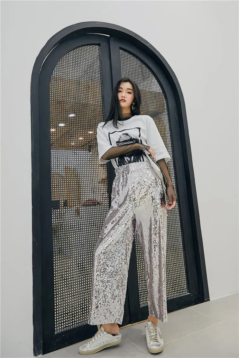 Heavy Sequins Patchwork Elastic Trouser For Women High Waist Ankle Length Wide Leg Pants Female Spring Vintage AE607