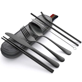 

Dinnerware Set Travel Camping Cutlery Set Reusable Silverware with Metal Straw Spoon Fork Chopsticks and Portable Case