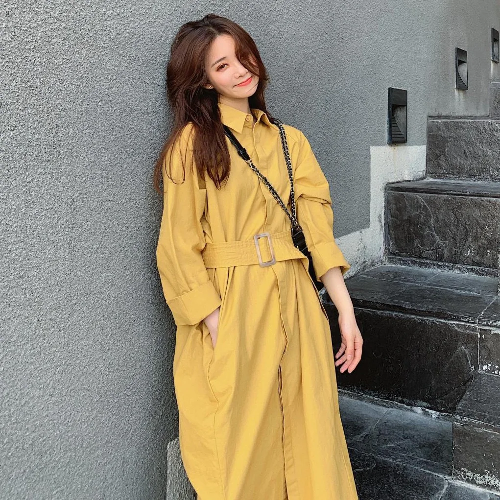 

Photo Shoot CHIC Elegant Ol Bright Yellow Loose-Fit Mid-length Square Collar Single Breasted Waist Hugging Lace-up Trench Coat D