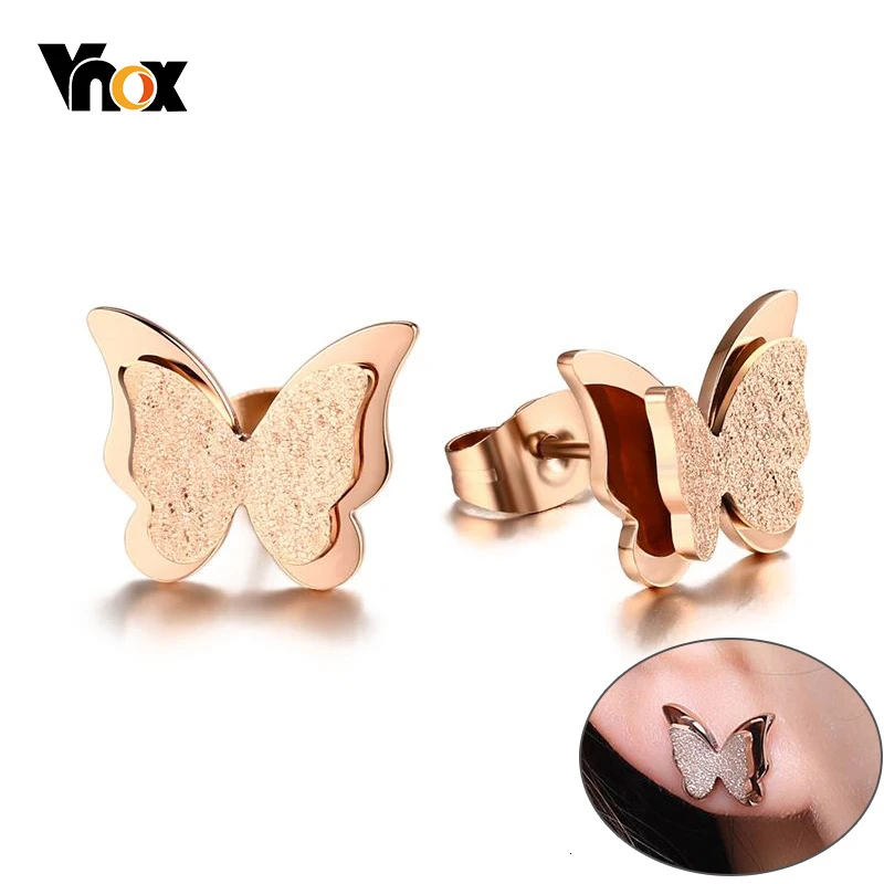 Vnox милые серьги-гвоздики с бабочками для женщин Sandblast из нержавеющей стали