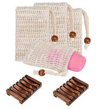 

2PCS Soap Dishes & 4PCS Soap Bags Plastic Free Exfoliating Soap Bag Soap Saver Pouch for Face Body Shower