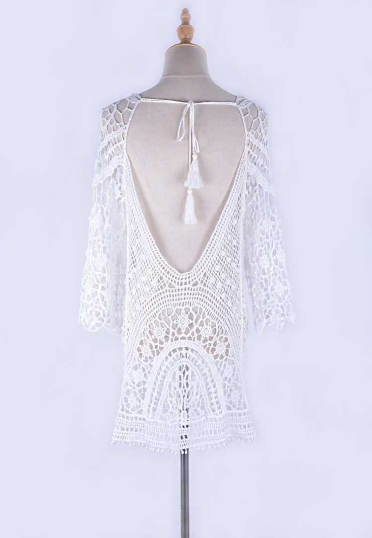Для женщин Белый Sheer крючком открытой спиной Пляжная Cover Up