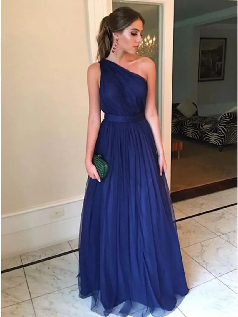 Formele Jurk Een Schouder Navy Blue Prom Dresses 2019 Eenvoudige Stijl Vestidos Robe De Soiree Floor Lengte Avondjurk Voor vrouwen Formele Jurk Een Schouder Navy Blue Prom Dresses 2019 Eenvoudige Stijl Vestidos Robe De Soiree Floor Lengte Avondjurk Voor vrouwen