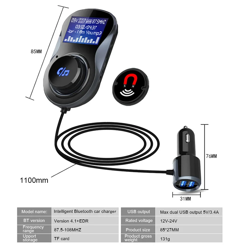 Автомобильный FM передатчик Jilang беспроводной модулятор с ЖК дисплеем Bluetooth Mp3
