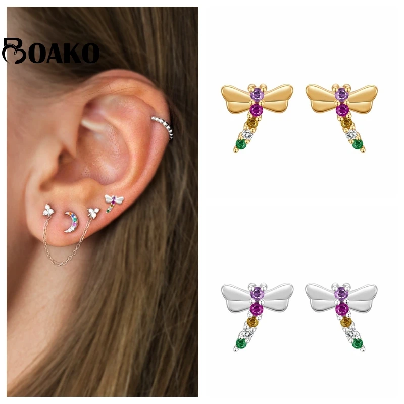 BOAKO de Plata de Ley 925 de libélula Zircon Stud Piercing pendiente para las mujeres 2021 Pendientes de botón Pendientes bien pendiente de la joyería de plata para regalo