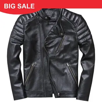 

2020 Black Men Diagonal Zipper Motorcycle Leather Jacket Plus Size XXXXL Genuine Cowhide Spring Short Biker's Coat FREE SHIPPING