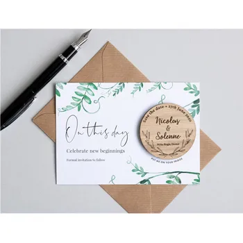 

Round wood fridge Magnet, personalized leaf Save The Date Magnet, wedding favors gift, Engraved botanical simple invitation card