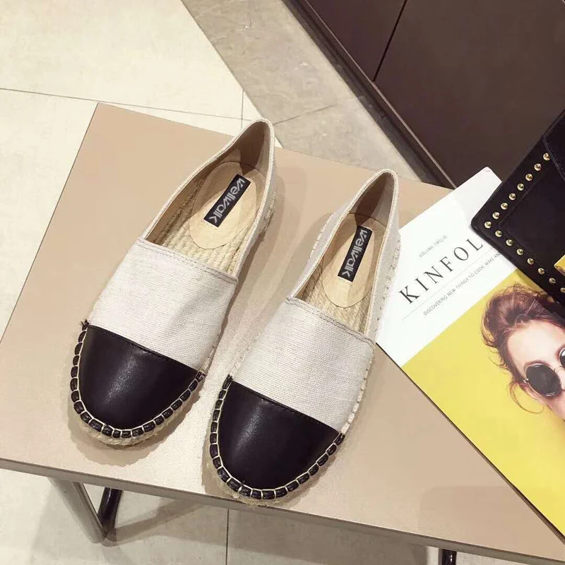 Fashion Hemp Loafers Women Espadrilles Flats Shoes Sewing Rhinestone Round Toe Ladies Casual Moccasins Slip On Brand Style New - Цвет: Черный