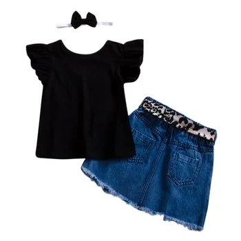 

Summer Child Baby Girls Fashion Sets Kids Casual Clothes Solid Color T-shirt Tops+Denim Shorts With Bowknot Sashes Headband