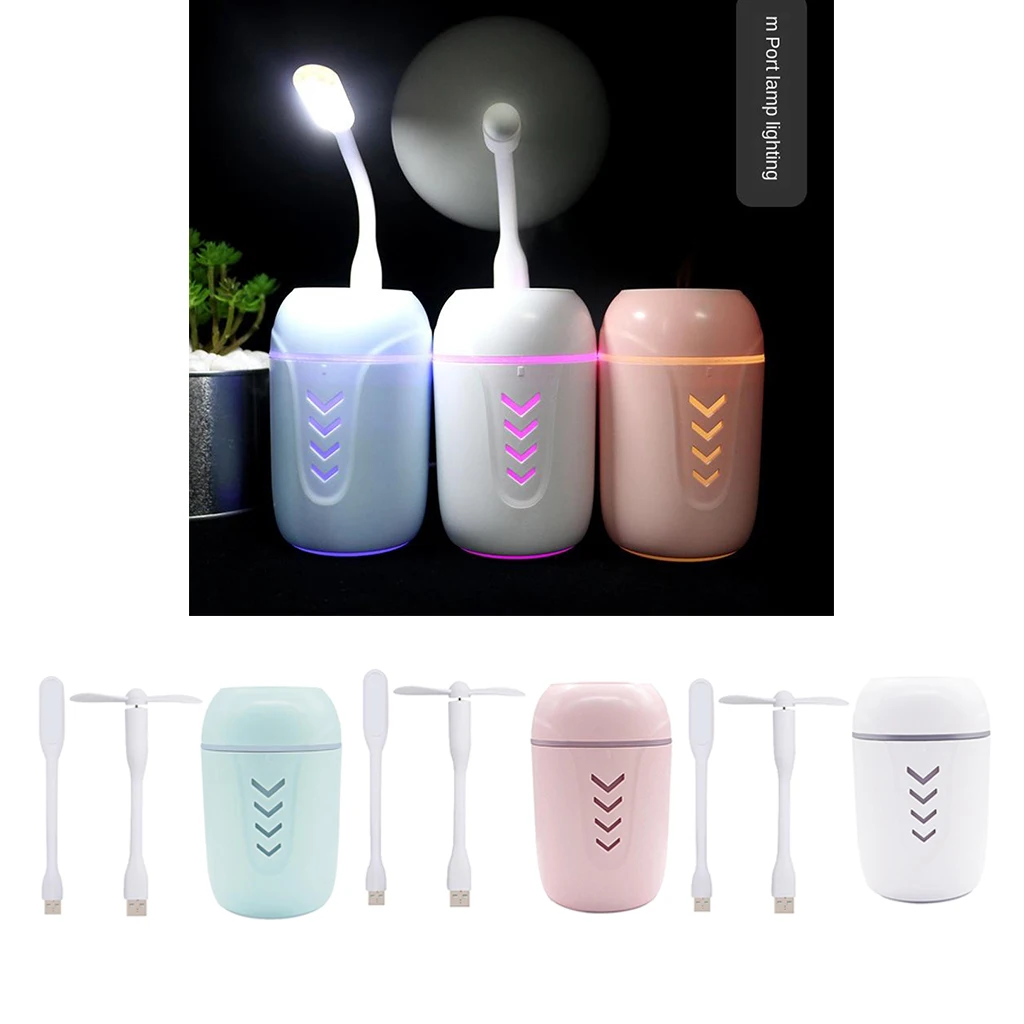 Portable Mini USB Humidifier, 200ml Low Noise  Humidifier with Colors Night Light and Mini Fan, USB Cable