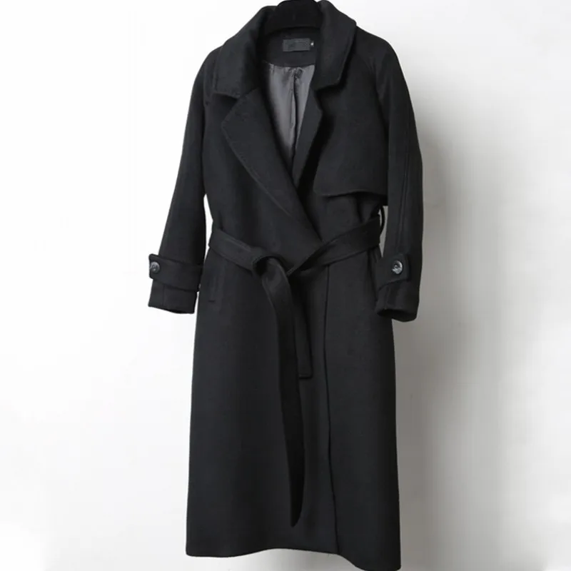 Высококачественное роскошное Женское шерстяное пальто, модное однотонное длинное пальто с поясом и воротником с лацканами, женское элегантное приталенное пальто с длинным рукавом, верхняя одежда
