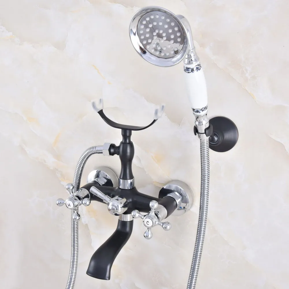 Black Silver Wall Mounted Dual Cross Handles Bathroom Tub Faucet with Hand Held Shower Sprayer zna623 | Обустройство дома