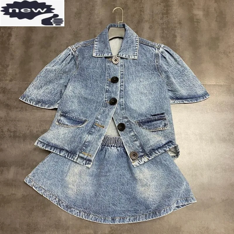 

Sweet Ladies Summer Short Sleeve Shirts Mini Elastic Waist Skirt Two Piece Denim Sets Women Casual Outfits Matching Jeans Set