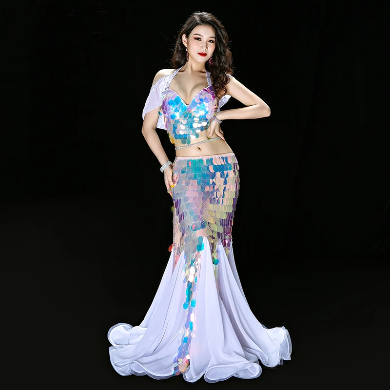 DE Deluxe Little Mermaid Sequin Buikdans Kostuum Beha Lange rok Sexy Halloween Hot Ariel Lange Jurk Pak DE Deluxe Little Mermaid Sequin Buikdans Kostuum Beha Lange rok Sexy Halloween Hot Ariel Lange Jurk Pak