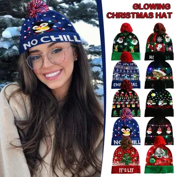 

10PC Gorros navideños led Colorful Merry Christmas Hat LED Light-up Knit Hat Beanie Hairball Warm party Cap колпаки новогодние