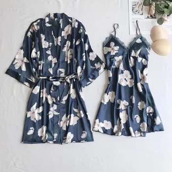 

Sexy 2PCS Nighty&Robe Set Women Print Flower Sleepwear Nightdress Kimono Robe Gown Satin Nightwear Intimate Lingerie Homewear