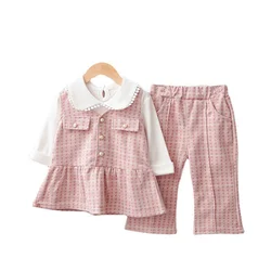 Novo outono roupas das meninas do bebê terno crianças vestido xadrez camiseta calças 3 pçs/sets primavera criança moda traje crianças fatos de treino
