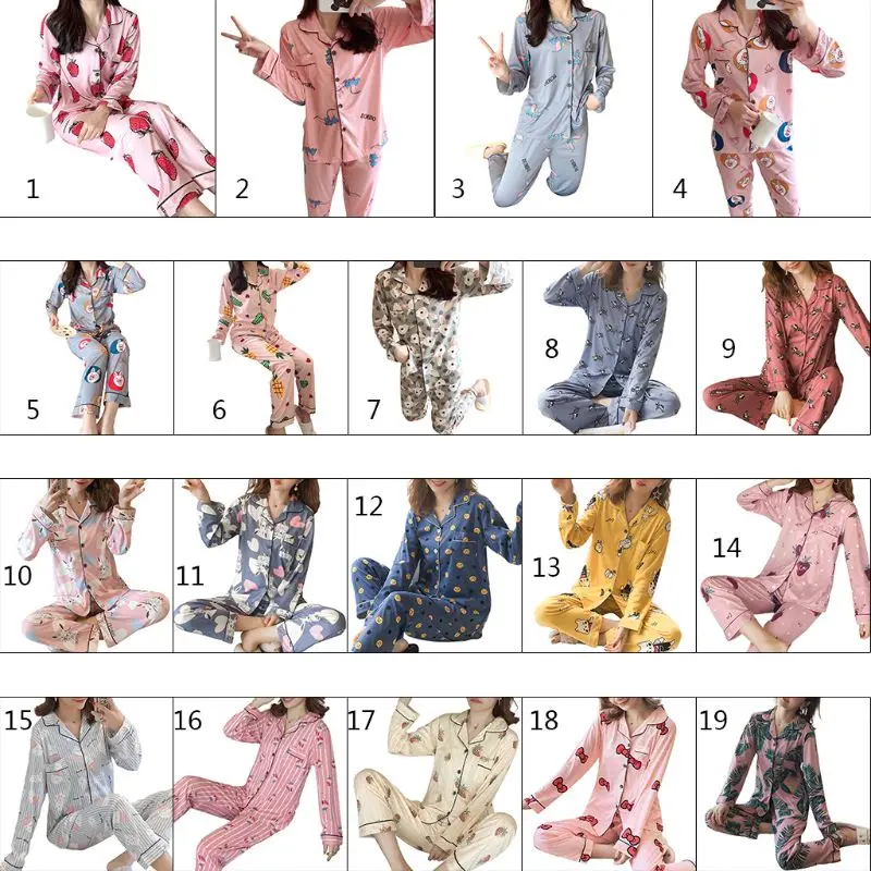 Женский пижамный комплект Kawaii С мультяшным принтом, пижама с длинным рукавом, на пуговицах, с круглым вырезом, свободные штаны, домашняя одежда, M-2XL, 19 видов стилей