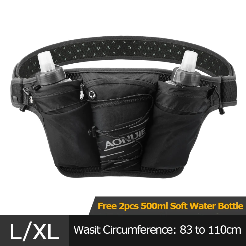 AONIJIE Hydration Belt Waist Bag Marathon Jogging Cycling Running Fanny Pack Cell Phone Holder Free 2pcs 500ml Water Bottle W959 - Цвет: LXL Black