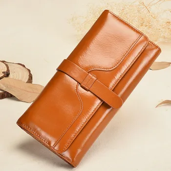 

Popular Luxury Genuine Leather Large-Capacity Boutique Top Layer Leather Korean-Style Long Purse Bright Solid Wallets for Women
