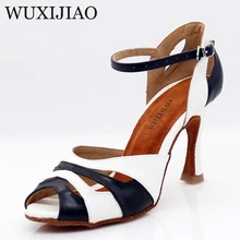 WUXIJIAO/Женская обувь для латинских танцев; Цвет черный, белый; обувь из искусственной кожи с открытым носком на высоком каблуке; обувь для сальсы; удобная мягкая обувь на каблуке 9 см