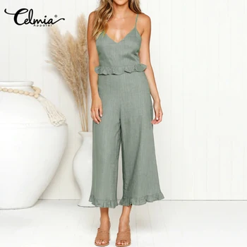 

2020 Celmia Summer Wide Leg Pants Women Sexy Jumpsuits V-neck Spaghetti Strap Beach Loose Female Elegant Ruffles Long Overalls