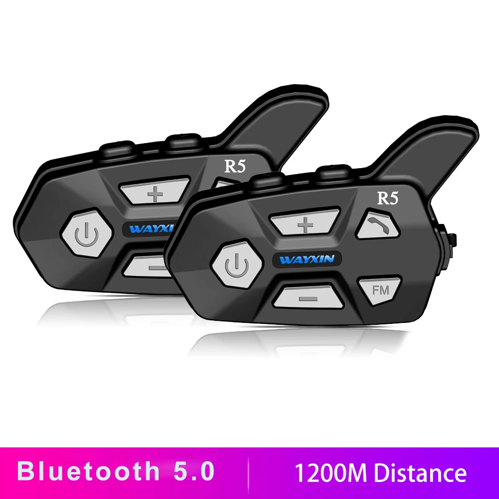 WAYXIN Bluetooth 5.0 Motorcycle Helmet Intercom 2 People 1200M Talking Universal Pairing Waterproof Interphone Headset FM Radio
